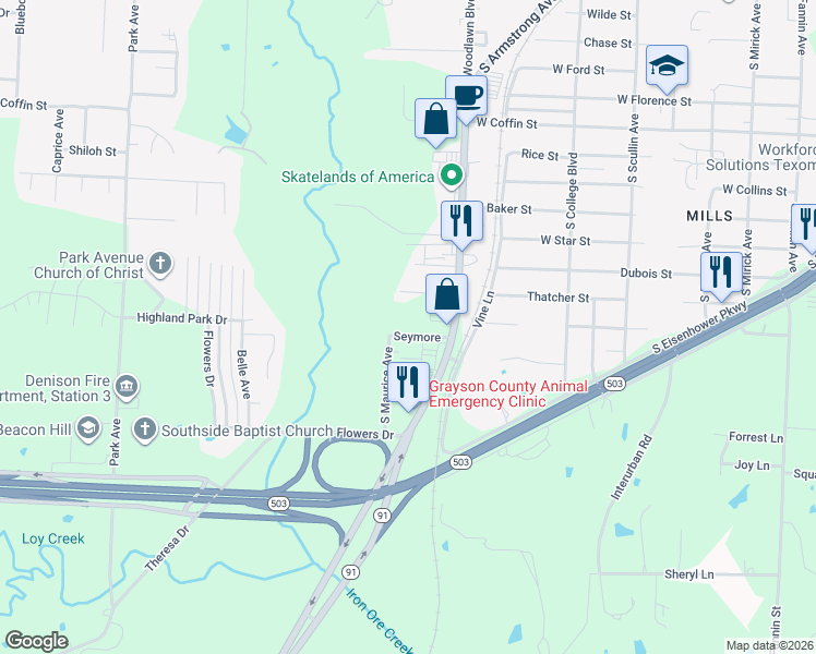 map of restaurants, bars, coffee shops, grocery stores, and more near 1427 Seymore Street in Denison