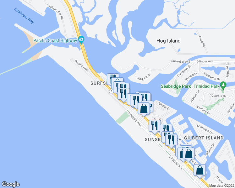 map of restaurants, bars, coffee shops, grocery stores, and more near 16250 California 1 in Huntington Beach