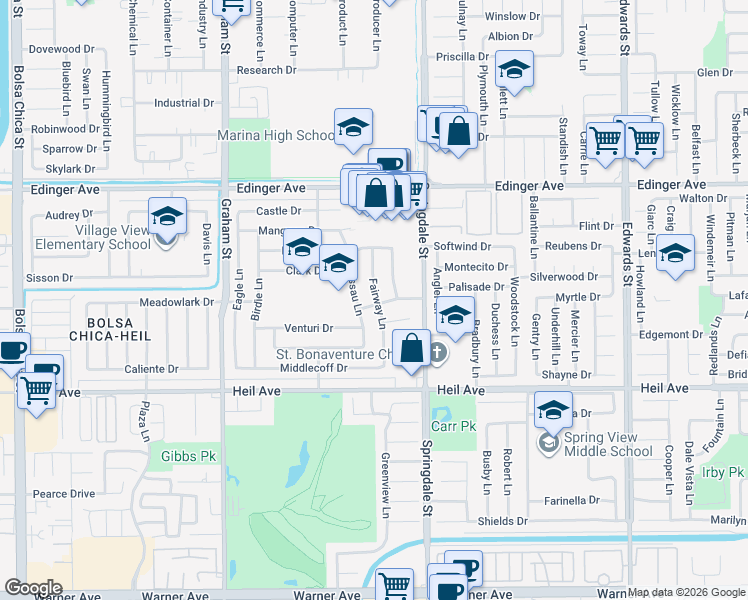 map of restaurants, bars, coffee shops, grocery stores, and more near 16271 Fairway Lane in Huntington Beach