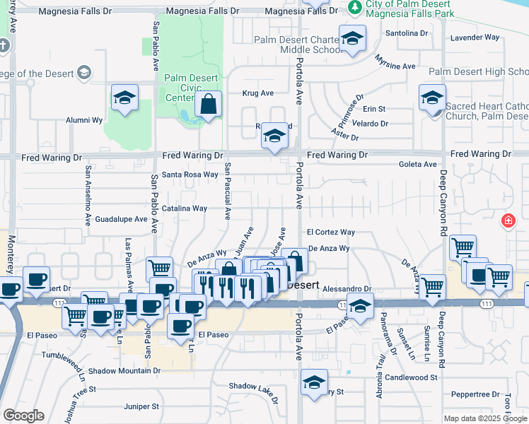 map of restaurants, bars, coffee shops, grocery stores, and more near 44381 San Luis Rey Avenue in Palm Desert