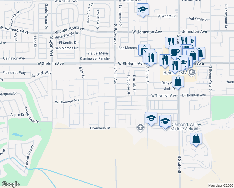 map of restaurants, bars, coffee shops, grocery stores, and more near 1291 South Palm Avenue in Hemet