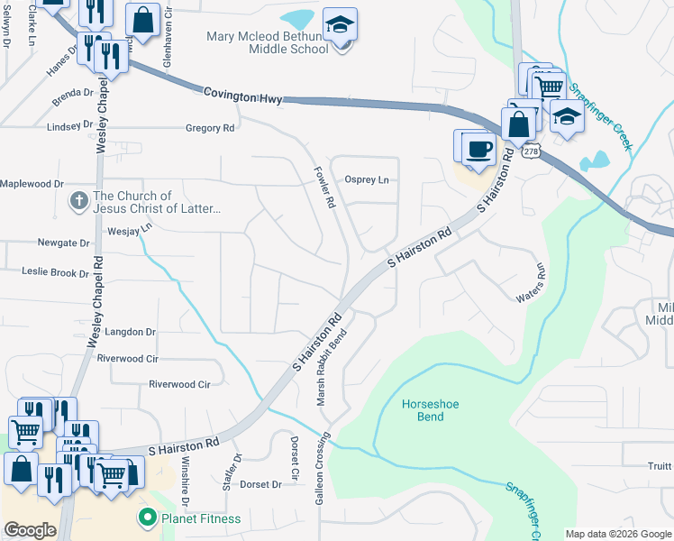 map of restaurants, bars, coffee shops, grocery stores, and more near 4579 Tudor Castle Drive in Decatur