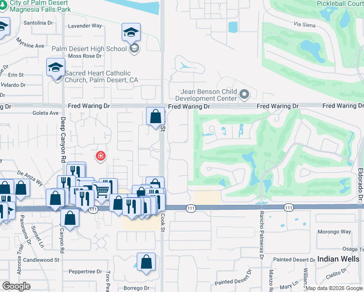 map of restaurants, bars, coffee shops, grocery stores, and more near 75063 Spyglass Drive in Indian Wells