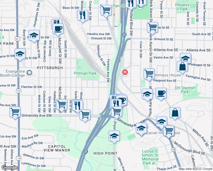 map of restaurants, bars, coffee shops, grocery stores, and more near 1057 Fortress Avenue Southwest in Atlanta