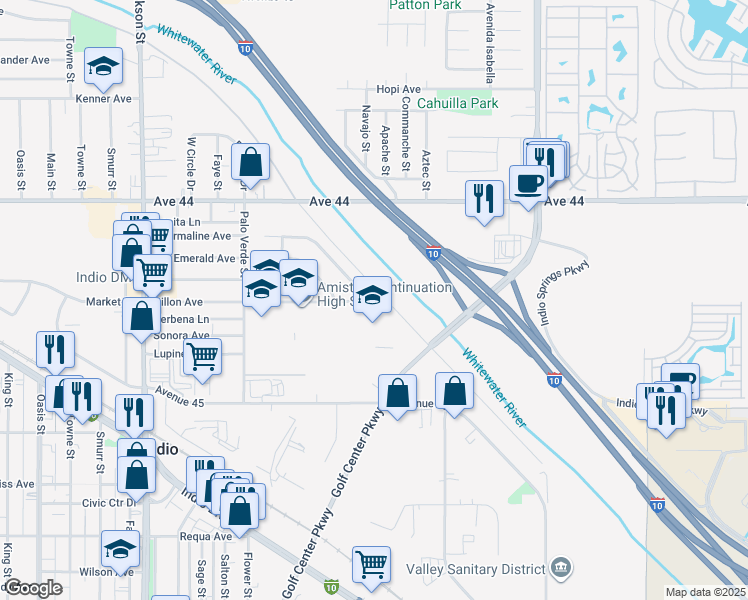 map of restaurants, bars, coffee shops, grocery stores, and more near 83622 Tourmaline Avenue in Indio
