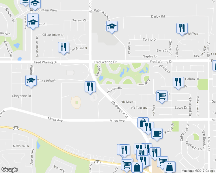 map of restaurants, bars, coffee shops, grocery stores, and more near 44410 Vía Del Sol in La Quinta