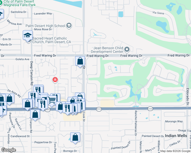 map of restaurants, bars, coffee shops, grocery stores, and more near 75073 Spyglass Drive in Indian Wells