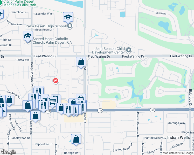 map of restaurants, bars, coffee shops, grocery stores, and more near 75073 Spyglass Drive in Indian Wells