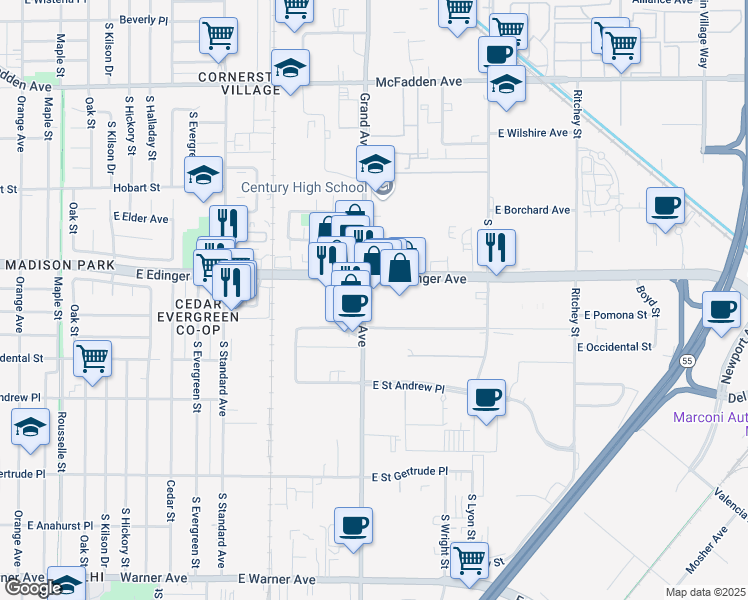 map of restaurants, bars, coffee shops, grocery stores, and more near in Santa Ana