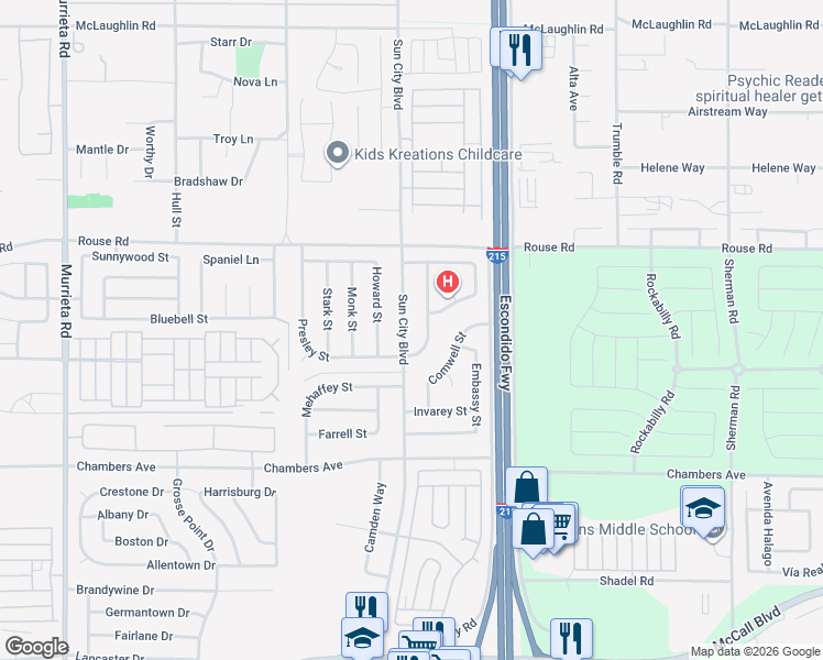 map of restaurants, bars, coffee shops, grocery stores, and more near 28298 Sun City Boulevard in Menifee