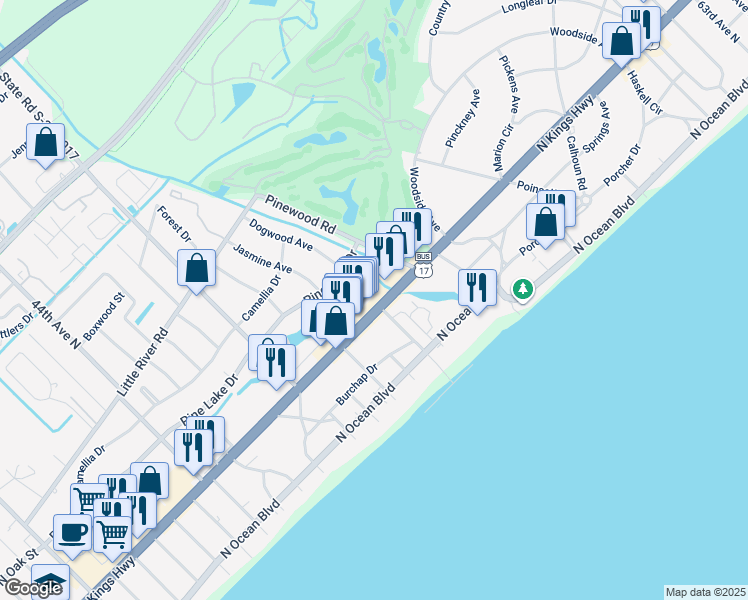map of restaurants, bars, coffee shops, grocery stores, and more near 5200 North Kings Highway in Myrtle Beach