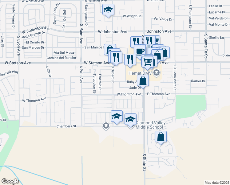 map of restaurants, bars, coffee shops, grocery stores, and more near 480 West Thornton Avenue in Hemet