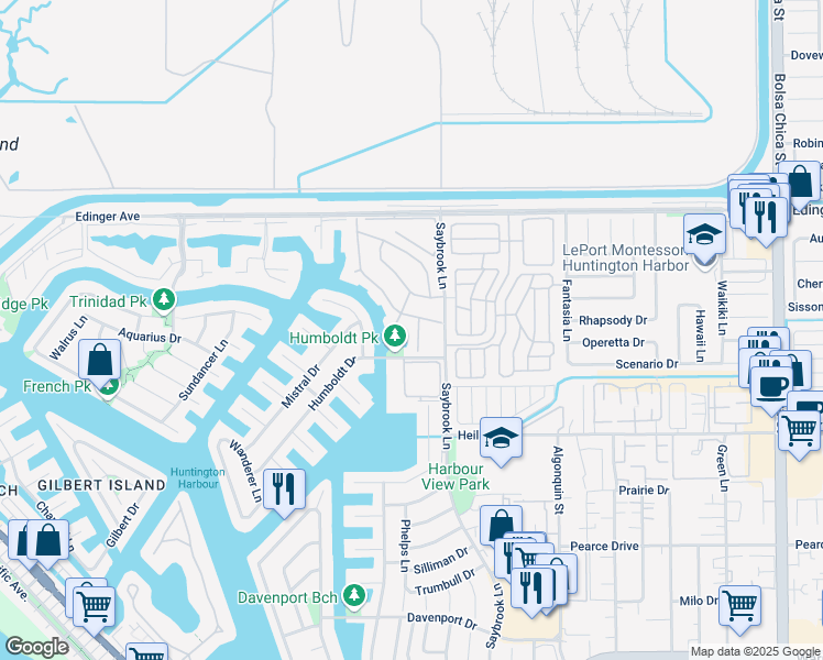 map of restaurants, bars, coffee shops, grocery stores, and more near 16261 Mandalay Circle in Huntington Beach