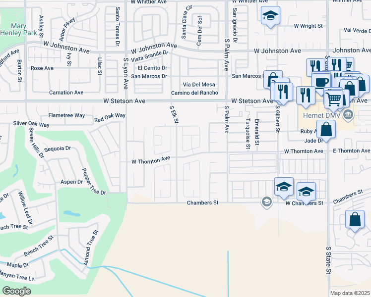 map of restaurants, bars, coffee shops, grocery stores, and more near 1272 Justice Place in Hemet