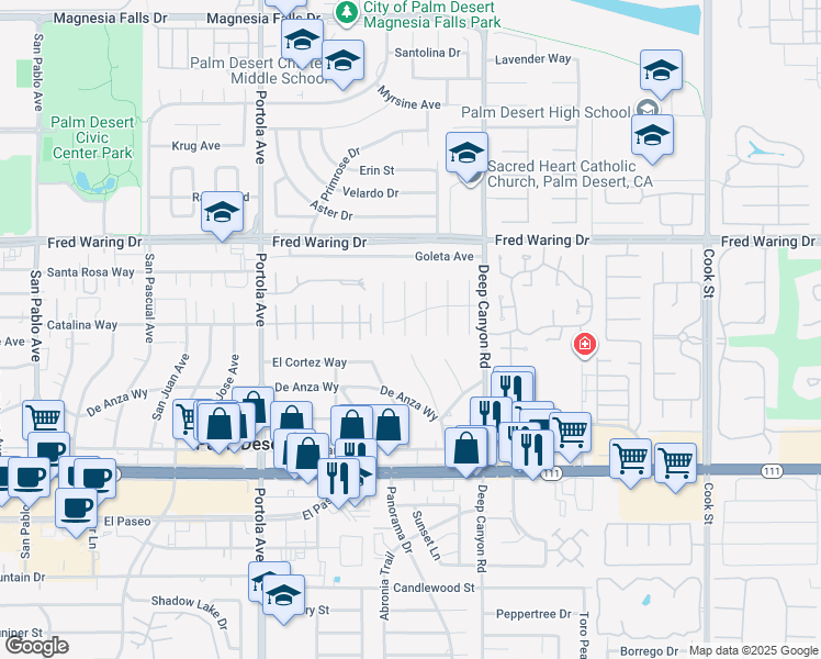 map of restaurants, bars, coffee shops, grocery stores, and more near 44450 Grand Canyon Lane in Palm Desert