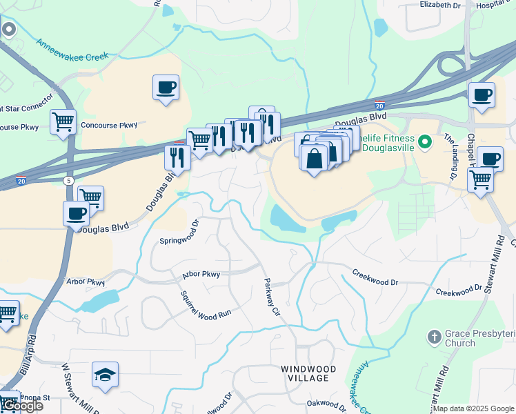 map of restaurants, bars, coffee shops, grocery stores, and more near 6841 Lakewood Terrace in Douglasville