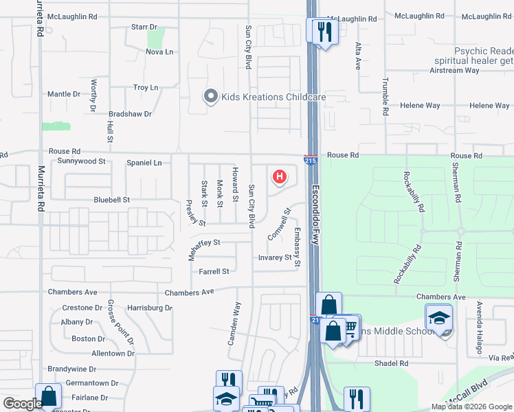 map of restaurants, bars, coffee shops, grocery stores, and more near 28298 Sun City Boulevard in Menifee