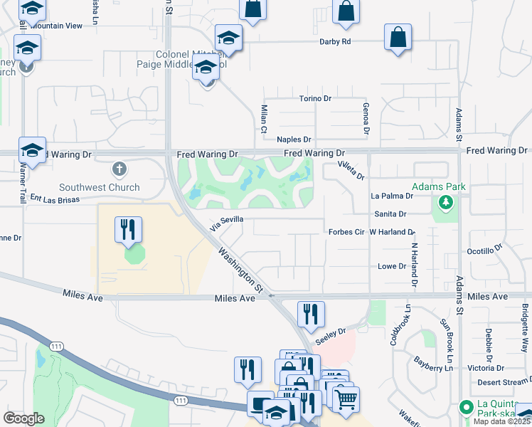 map of restaurants, bars, coffee shops, grocery stores, and more near 78380 Vía Sevilla in La Quinta