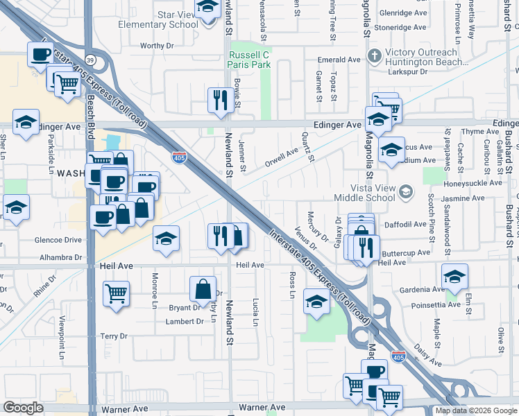 map of restaurants, bars, coffee shops, grocery stores, and more near 8562 Universe Avenue in Westminster