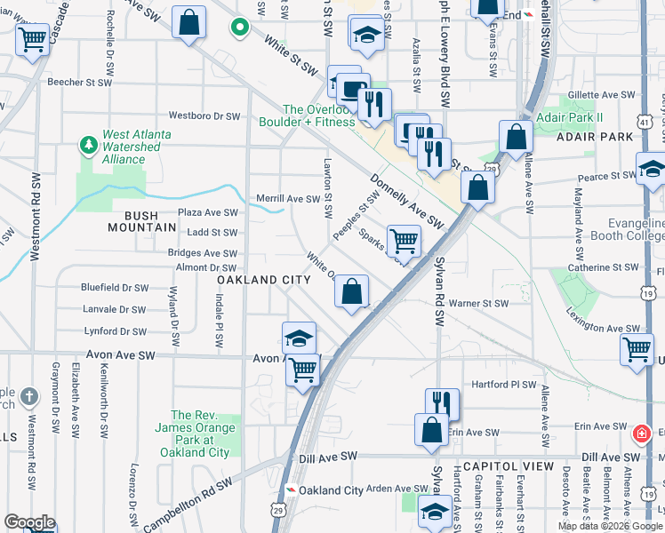 map of restaurants, bars, coffee shops, grocery stores, and more near 1085 White Oak Avenue Southwest in Atlanta