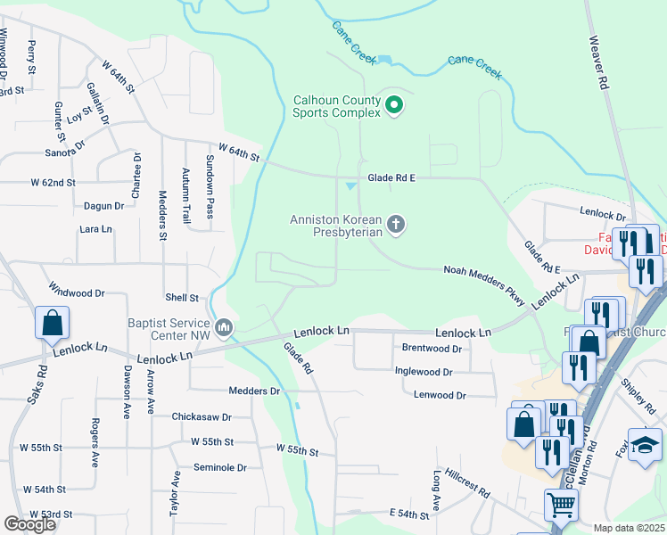 map of restaurants, bars, coffee shops, grocery stores, and more near 6016 Glade Road in Anniston