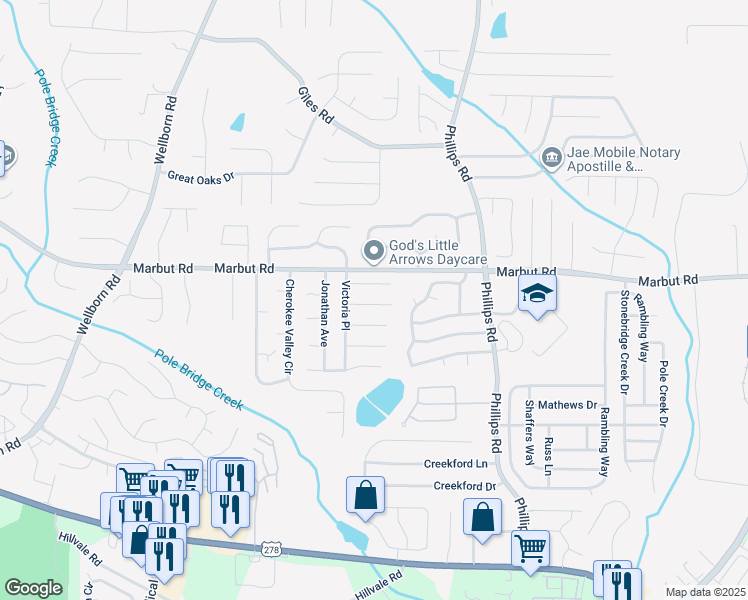 map of restaurants, bars, coffee shops, grocery stores, and more near 6177 Saint Christophers Court in Lithonia