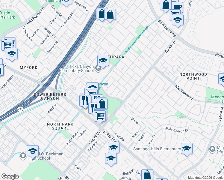 map of restaurants, bars, coffee shops, grocery stores, and more near 11 Benicia in Irvine