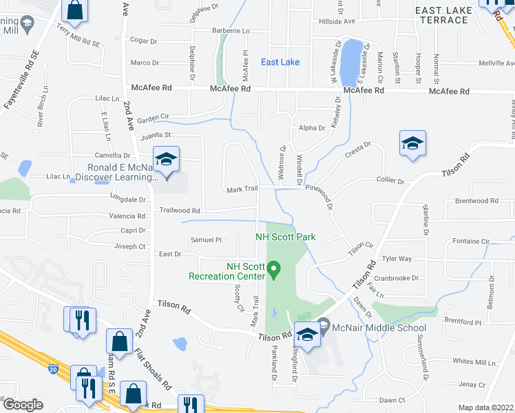 map of restaurants, bars, coffee shops, grocery stores, and more near Mark Trail & Trailwood Rd in Candler-McAfee