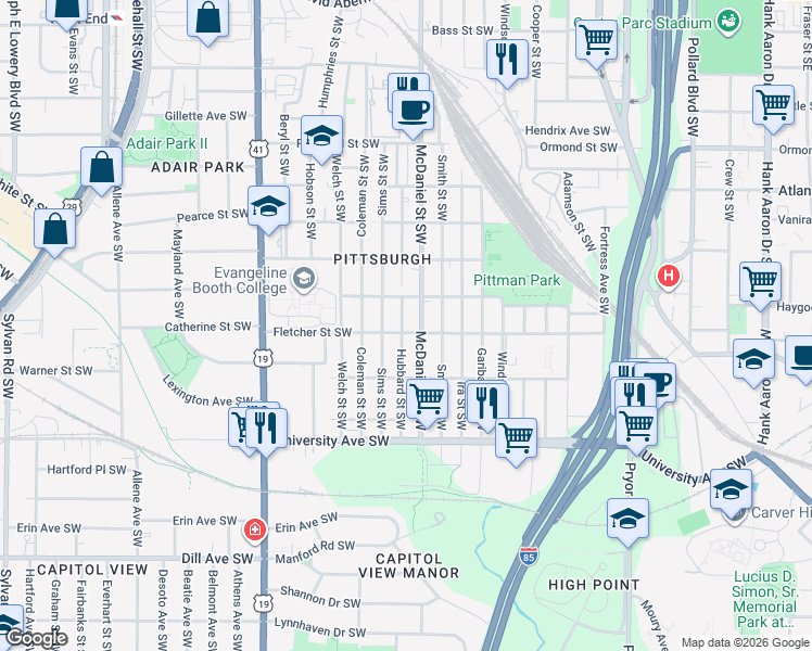 map of restaurants, bars, coffee shops, grocery stores, and more near 1058 Hubbard Street Southwest in Atlanta