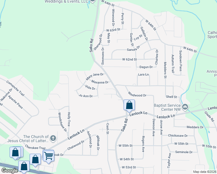 map of restaurants, bars, coffee shops, grocery stores, and more near 5816 Saks Road in Anniston