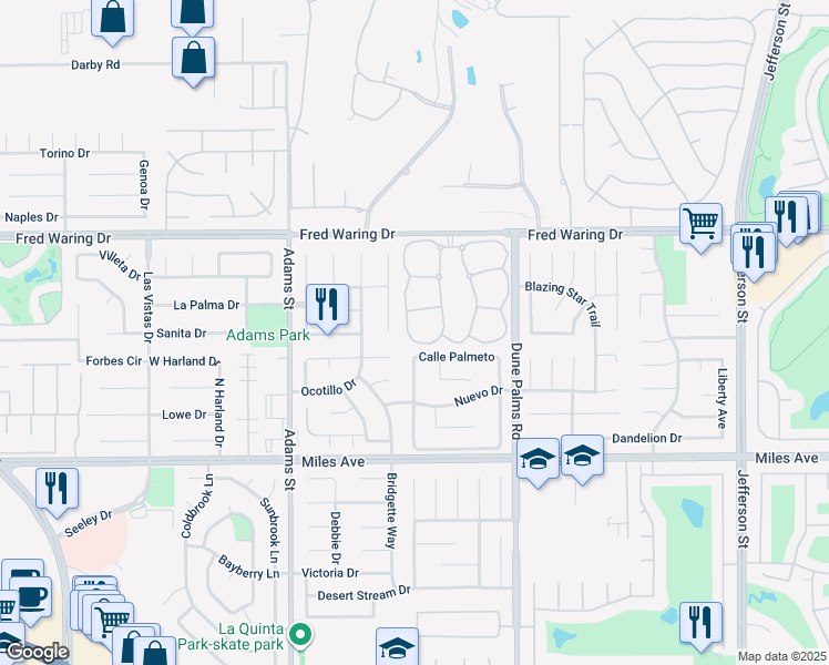 map of restaurants, bars, coffee shops, grocery stores, and more near 79335 Horizon Palms Circle in La Quinta