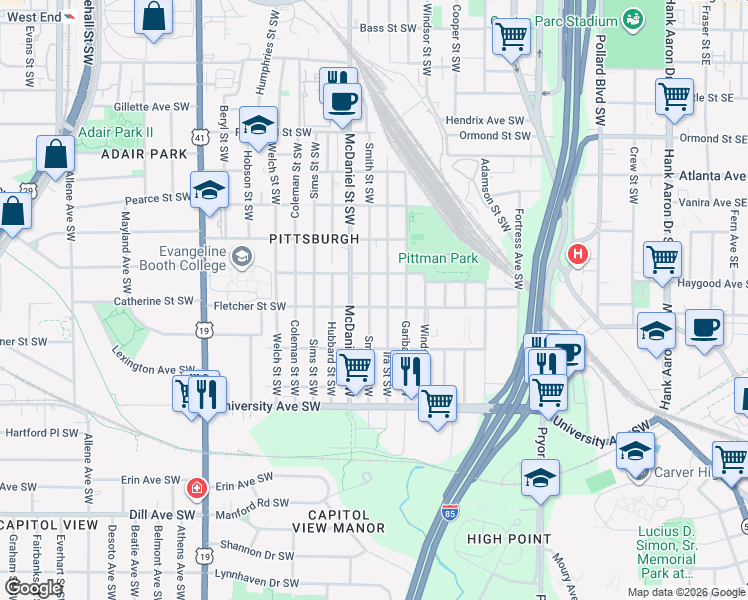 map of restaurants, bars, coffee shops, grocery stores, and more near 1048 Smith Street Southwest in Atlanta