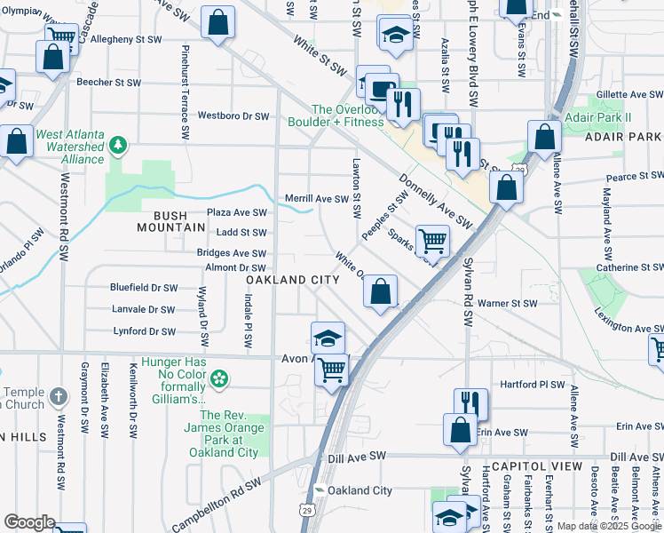 map of restaurants, bars, coffee shops, grocery stores, and more near 1073 Peeples Street Southwest in Atlanta