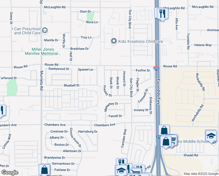 map of restaurants, bars, coffee shops, grocery stores, and more near 27165 Stark Street in Menifee