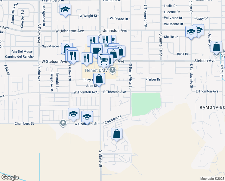 map of restaurants, bars, coffee shops, grocery stores, and more near 212 East Thornton Avenue in Hemet