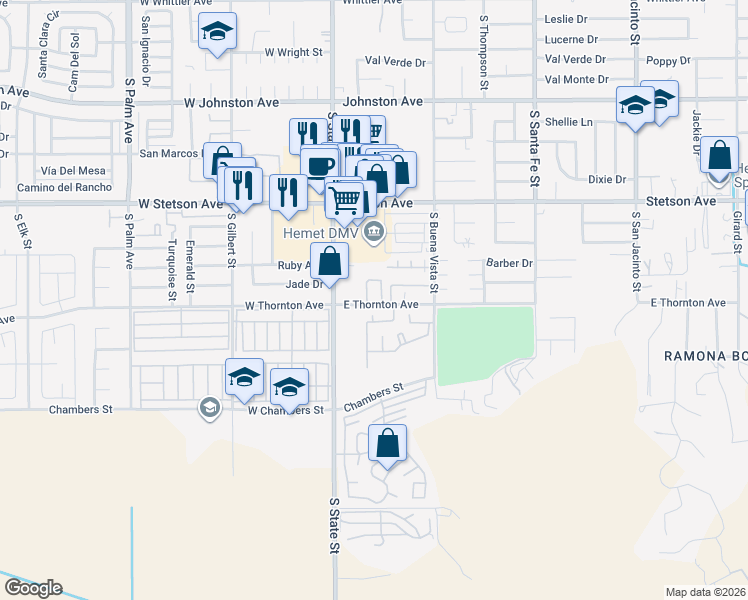 map of restaurants, bars, coffee shops, grocery stores, and more near 290 East Thornton Avenue in Hemet