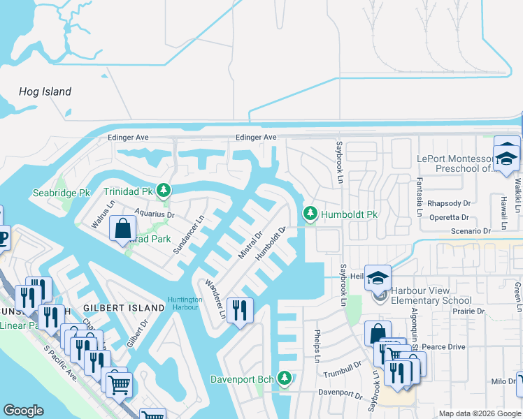 map of restaurants, bars, coffee shops, grocery stores, and more near 4037 Mistral Drive in Huntington Beach