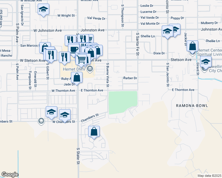 map of restaurants, bars, coffee shops, grocery stores, and more near 520 Thornton Avenue in Hemet