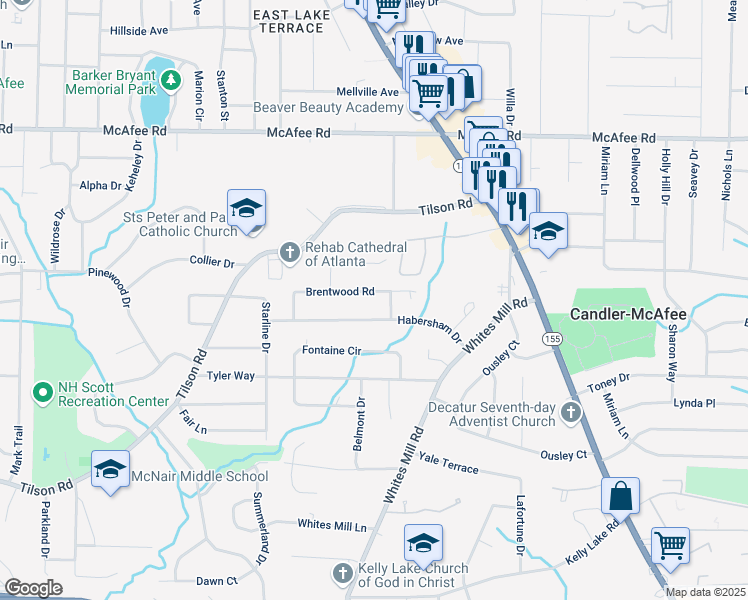 map of restaurants, bars, coffee shops, grocery stores, and more near 2537 Brentwood Road in Decatur