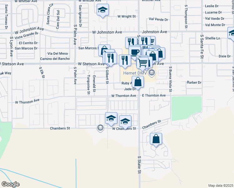 map of restaurants, bars, coffee shops, grocery stores, and more near 390 West Thornton Avenue in Hemet