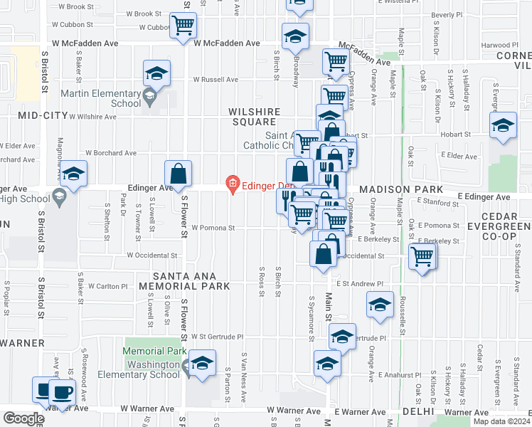 map of restaurants, bars, coffee shops, grocery stores, and more near 1601 South Ross Street in Santa Ana