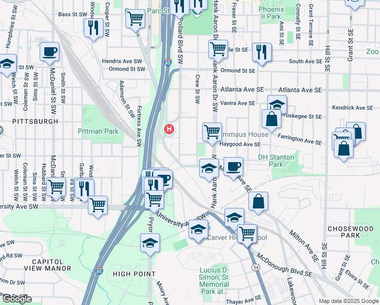 map of restaurants, bars, coffee shops, grocery stores, and more near 59 Pope Street Southwest in Atlanta