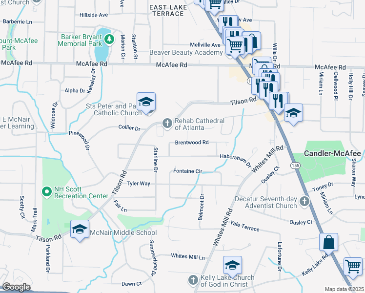 map of restaurants, bars, coffee shops, grocery stores, and more near 2485 Brentwood Road in Decatur