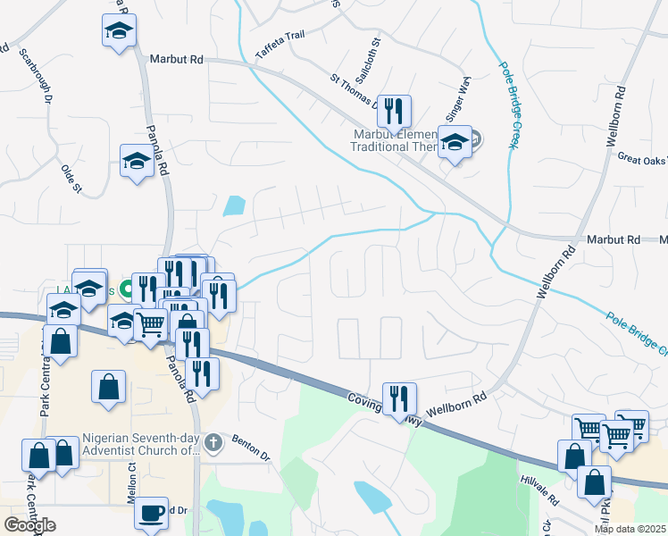 map of restaurants, bars, coffee shops, grocery stores, and more near 5390 Wellborn Creek Drive in Lithonia