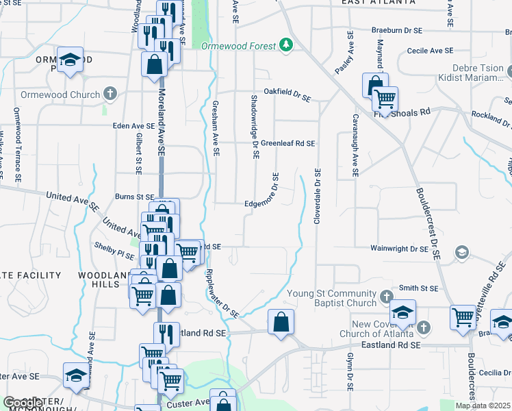 map of restaurants, bars, coffee shops, grocery stores, and more near 2218 Edgemore Dr SE in Atlanta