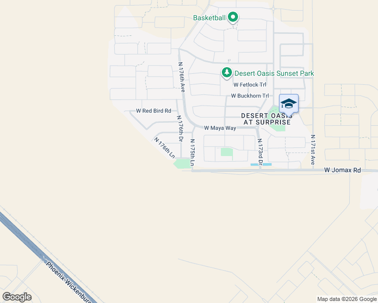 map of restaurants, bars, coffee shops, grocery stores, and more near 26762 North 175th Lane in Surprise