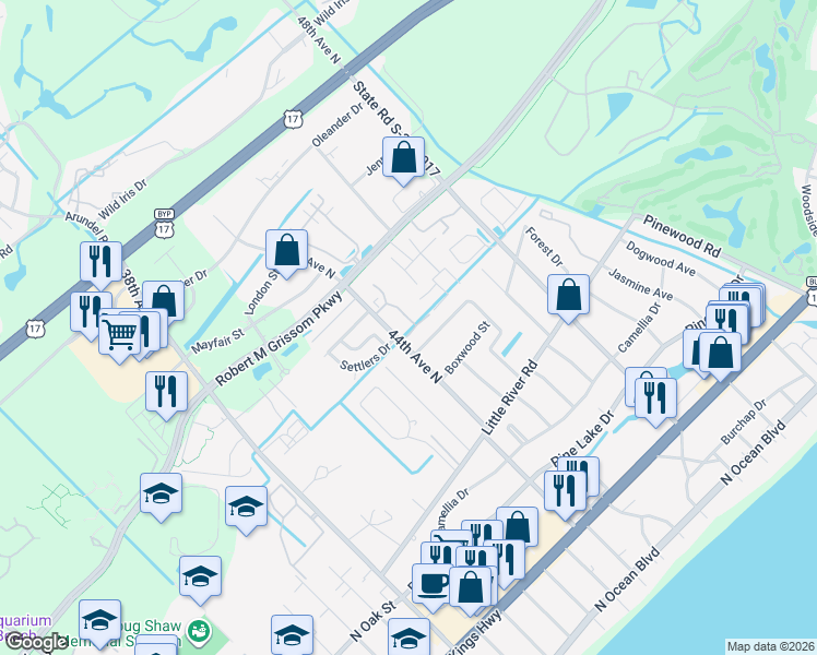 map of restaurants, bars, coffee shops, grocery stores, and more near 830 44th Avenue North in Myrtle Beach