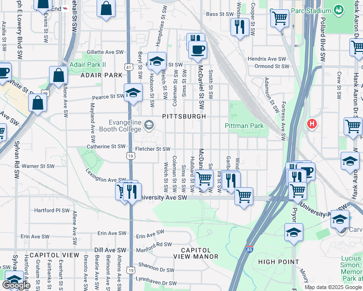 map of restaurants, bars, coffee shops, grocery stores, and more near 1059 Sims Street Southwest in Atlanta