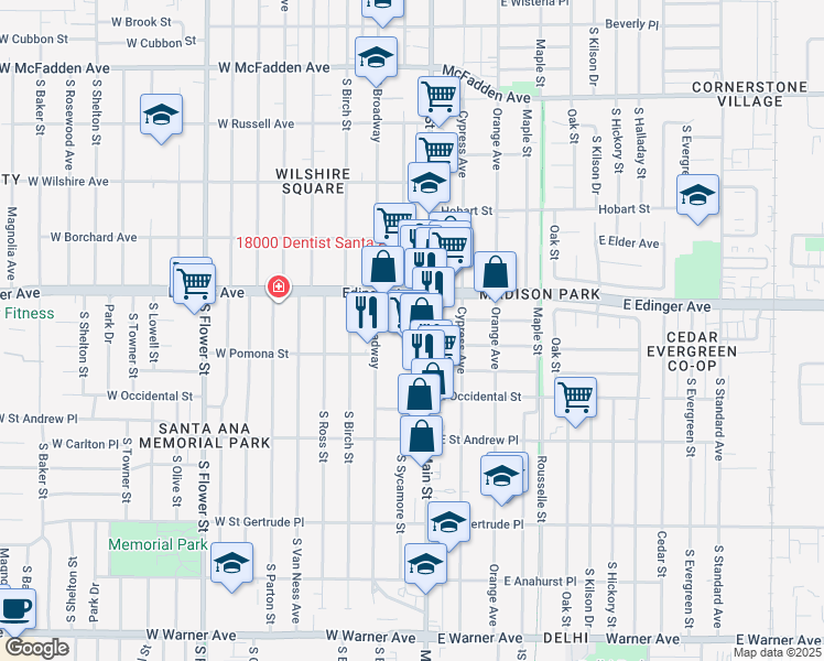 map of restaurants, bars, coffee shops, grocery stores, and more near 1609 South Sycamore Street in Santa Ana