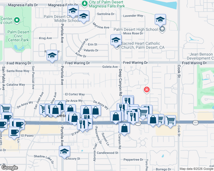 map of restaurants, bars, coffee shops, grocery stores, and more near 44450 Hazel Canyon Lane in Palm Desert